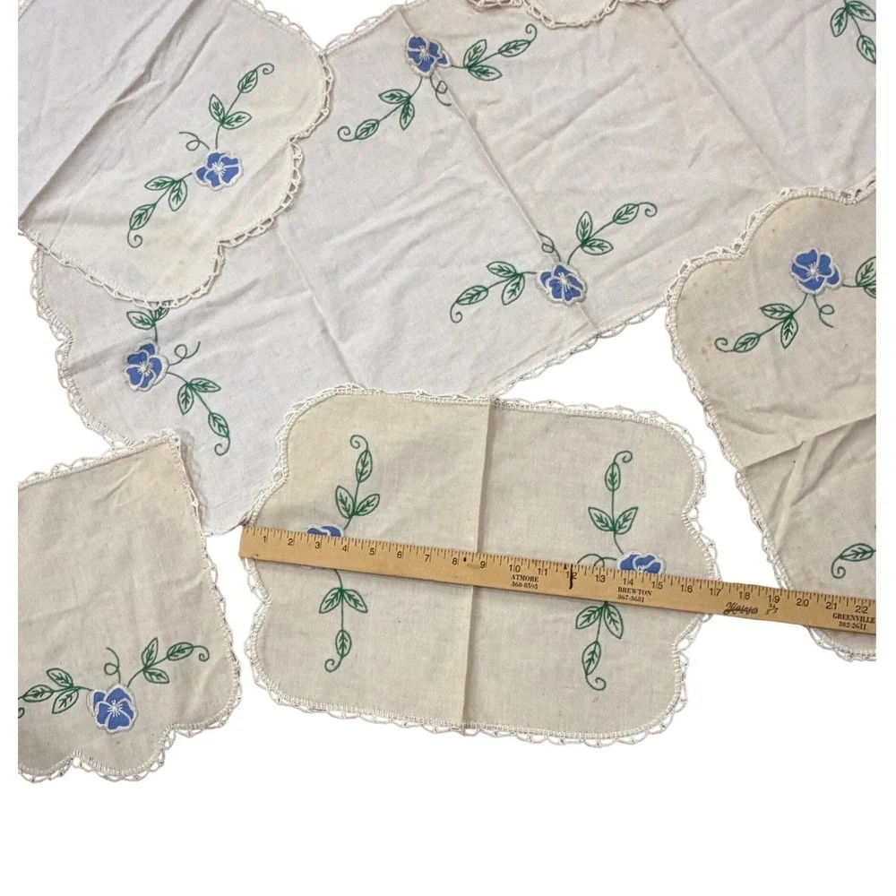 Vintage Hand Embroidered Linen Dresser Scarf Doily Set Blue Pansy Floral 8pc